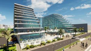 an architectural rendering of a tall building with a street at Luxury by White TitanicBreeze in Mamaia Nord