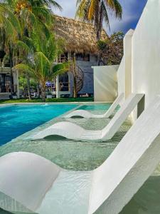 ein Schwimmbad mit zwei Rutschen vor einem Haus in der Unterkunft hotel nativo san blas in Playa San Blas