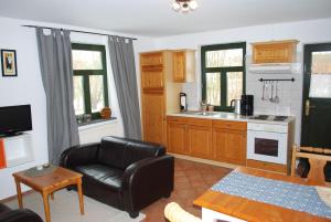 Una sala de estar con un sofá y una cocina. en Fehmarn, en Dargun