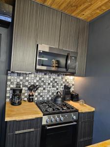 a kitchen with a stove and a microwave at Arizona Adventure Awaits: Glamping Rental Offering Exquisite Views in Meadview