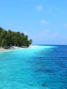 an island in the ocean with blue water and palm trees at Ocean Sunset in Dhangethi +4 photos