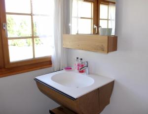 uma casa de banho com um lavatório branco e uma janela em Scheftenau em Kappel