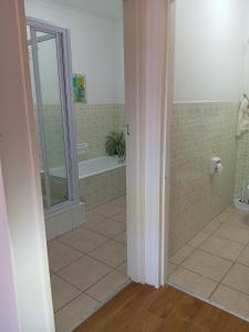 a bathroom with a bath tub and a mirror at Die Dik Vis in Velddrif