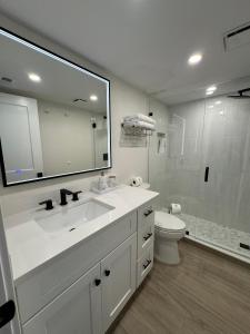 un bagno con lavandino, WC e specchio di Irresistible Beach Life, Spectacular Sunsets - FMB - Condo Sunset Vista - Roelens a Fort Myers Beach