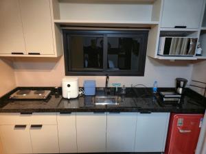 Una encimera de cocina con fregadero y microondas. en Casa Container Oceano, en Foz do Iguaçu