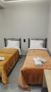 twee bedden naast elkaar in een kamer bij VILA NIKOLETA in Ierissos