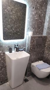 een badkamer met een wastafel, een toilet en een spiegel bij VILA NIKOLETA in Ierissos