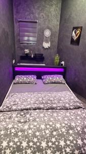 a bedroom with a large bed with purple walls at Statek Honezovice ze saunou in Honezovice