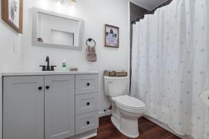 ein weißes Bad mit einem WC und einem Duschvorhang in der Unterkunft Chicks on Canal in Buckeye Lake + 27 Fotos