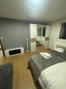 a bedroom with two beds and a large mirror at Le rocher in Sierre +32 photos
