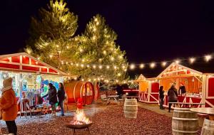 a group of people standing around a fire in front of tents at EcoCube 2 Haren - Sonnenbalkon, Badewanne, Waschmaschine in Bahnhof Haren