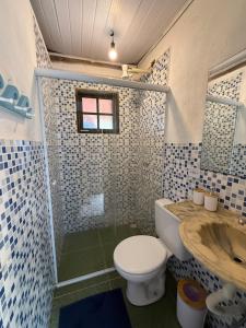 a bathroom with a toilet and a shower and a sink at Charming Chalet Village Historic Center in Ilhabela