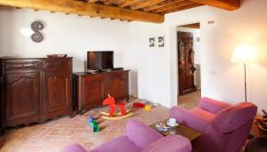 a living room with purple couches and a tv at Casa Delle Aque in Montecatini Val di Cecina +30 photos