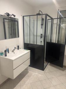 Un baño con ducha y lavabo blanco. en Logement catalan, en Perpiñán