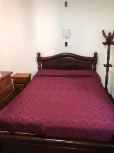 ein Schlafzimmer mit einem großen Bett mit lila Bettwäsche in der Unterkunft santa rita 2 in Cordoba
