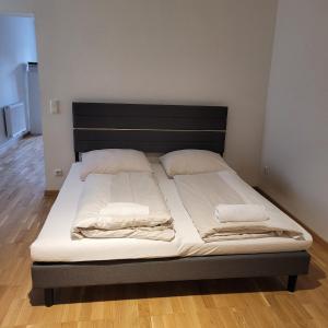 ein Bett mit zwei Kissen darauf in einem Zimmer in der Unterkunft Bahnhofstraße III Apartment in Straubing