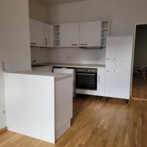 eine leere Küche mit weißen Schränken und Geräten in der Unterkunft Bahnhofstraße III Apartment in Straubing