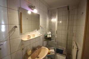 a bathroom with a sink and a shower and a mirror at Fewo Katzengold in Sehmatal