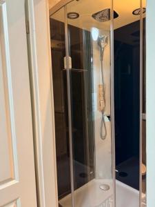 a shower in a bathroom with a glass door at eco Appartements Reichel in Baden-Baden