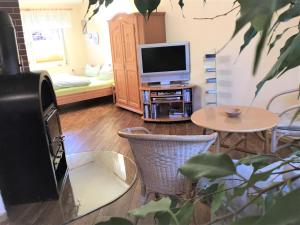 a living room with a tv and a table with a table at Anna in Benneckenstein