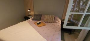 马德普拉塔Alquileres Corrientes的卧室里有一张床，床上放着托盘