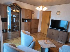 sala de estar con TV y sillas azules en Marisa's Sauerlandträumchen, en Brilon