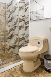 a bathroom with a toilet and a shower at Hotel Salinero - Zipaquirá in Zipaquirá