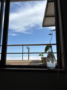 a vase sitting on a window sill with a plant at Hostal ídem in Valparaíso +22 photos