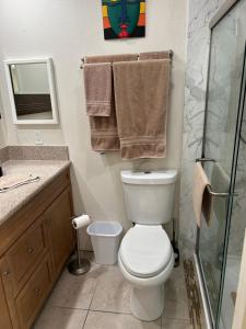 a bathroom with a toilet and a glass shower at Rancho Mirage Gem! 90 day-bookings only in Rancho Mirage +18 photos