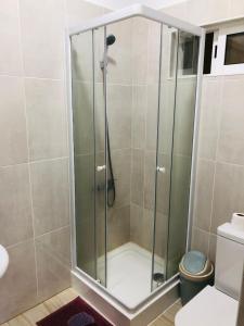 a shower with a glass door in a bathroom at Residencial Palice 