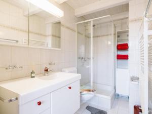 a bathroom with a sink and a shower and a toilet at Apartment Steamboat Suite in See- und Bergnähe, 4 Gäste, Balkon mit Aussicht in Faulensee +51 photos