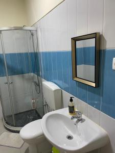a bathroom with a sink and a toilet and a mirror at Constança Retreat in Mindelo