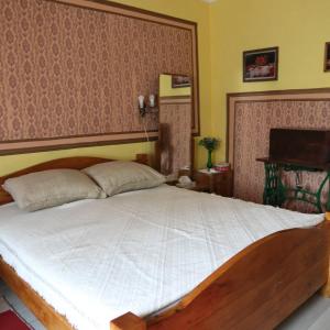 Un dormitorio con una cama grande con cabecero de madera. en STD Kod Makse, kuca na jezeru Kraljevac, en Deliblato