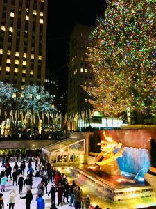 北卑尔根NYC Holiday Stay in Stylish Loft 6 Miles from Times Square的一棵圣诞树和一群人挤在溜冰场上。