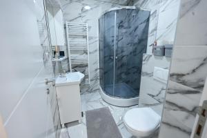 a white bathroom with a shower and a toilet at Kosta Boutique Apartment in Banja Luka +6 photos