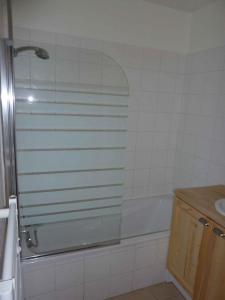 een badkamer met een douche, een bad en een wastafel bij Le Hameau des Neiges in Demi-Quartier