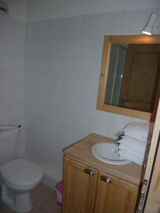 een badkamer met een wastafel, een toilet en een spiegel bij Le Hameau des Neiges in Demi-Quartier