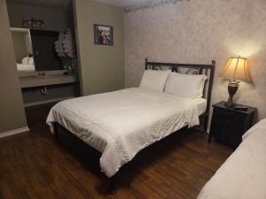 Un dormitorio con una cama y una lámpara en una mesita de noche. en Burnham's Lodging, en San Saba