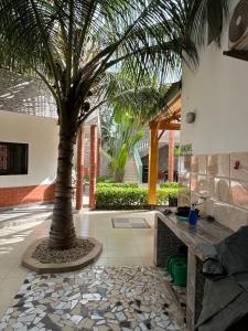 un palmier au milieu d'une cour dans l'établissement Tekrour- la case des hotes - Chambre individuelle avec piscine et terrasse, à Mbour
