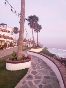 a walkway next to the ocean with palm trees at Casa Mar Verde - Oceanfront Penthouse - Pool & Jacuzzi in Primo Tapia