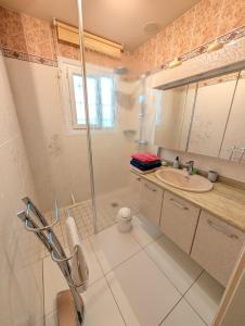 ein Badezimmer mit Dusche und Waschbecken in der Unterkunft Villa Mousse, Maison 4Ch 6 Lits à 17 min du Futuroscope in La Celle-sous-Gouzon + 75 Fotos