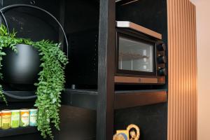 a microwave oven on a shelf with a plant at Lunaria Living I Studio - Ambilight 55 Zoll TV - Retro-Konsole -Parkplatz - Zentral - HBF-nah & VW-Tor 17 in Wolfsburg +8 photos