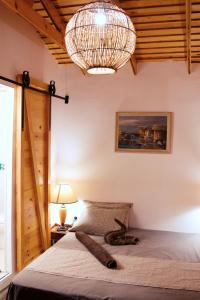 海尔盖莱L'artisan的一间带床和吊灯的卧室
