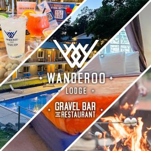 a collage of photos of a hotel with a pool and a bar at The Wanderoo Lodge in Eureka Springs