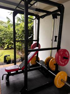 - une salle de sport avec des haltères dans l'établissement Villa Fare Mananui 2 chambres avec piscine et jardin, à Paea