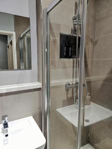 a bathroom with a shower and a toilet and a sink at Entire 1 Bedroom Apartment in London - 5 Mins from Heathrow - Sleeps 5 in Harmondsworth