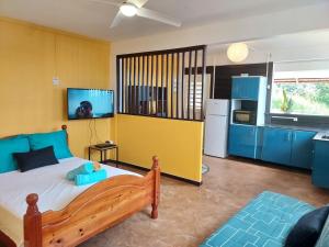 Kuchyň nebo kuchyňský kout v ubytování Le jaune soleil, appartement tropical, proximité plage