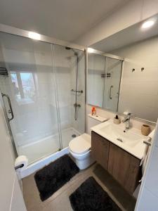 a bathroom with a toilet and a sink and a shower at Departamento céntrico nuevo in Valdivia