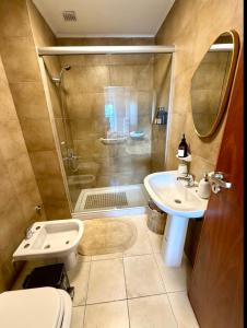 a bathroom with a shower and a sink and a toilet at Departamento Cómodo y Centrico in Posadas +11 photos