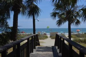 a wooden boardwalk leading to the beach with palm trees at Sun N Sand Resort in Myrtle Beach